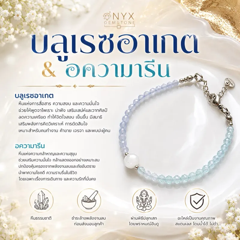 บลูเรซ อาเกต & อความารีน Blue Lace Agate - Aquamarine สร้อยข้อมือ